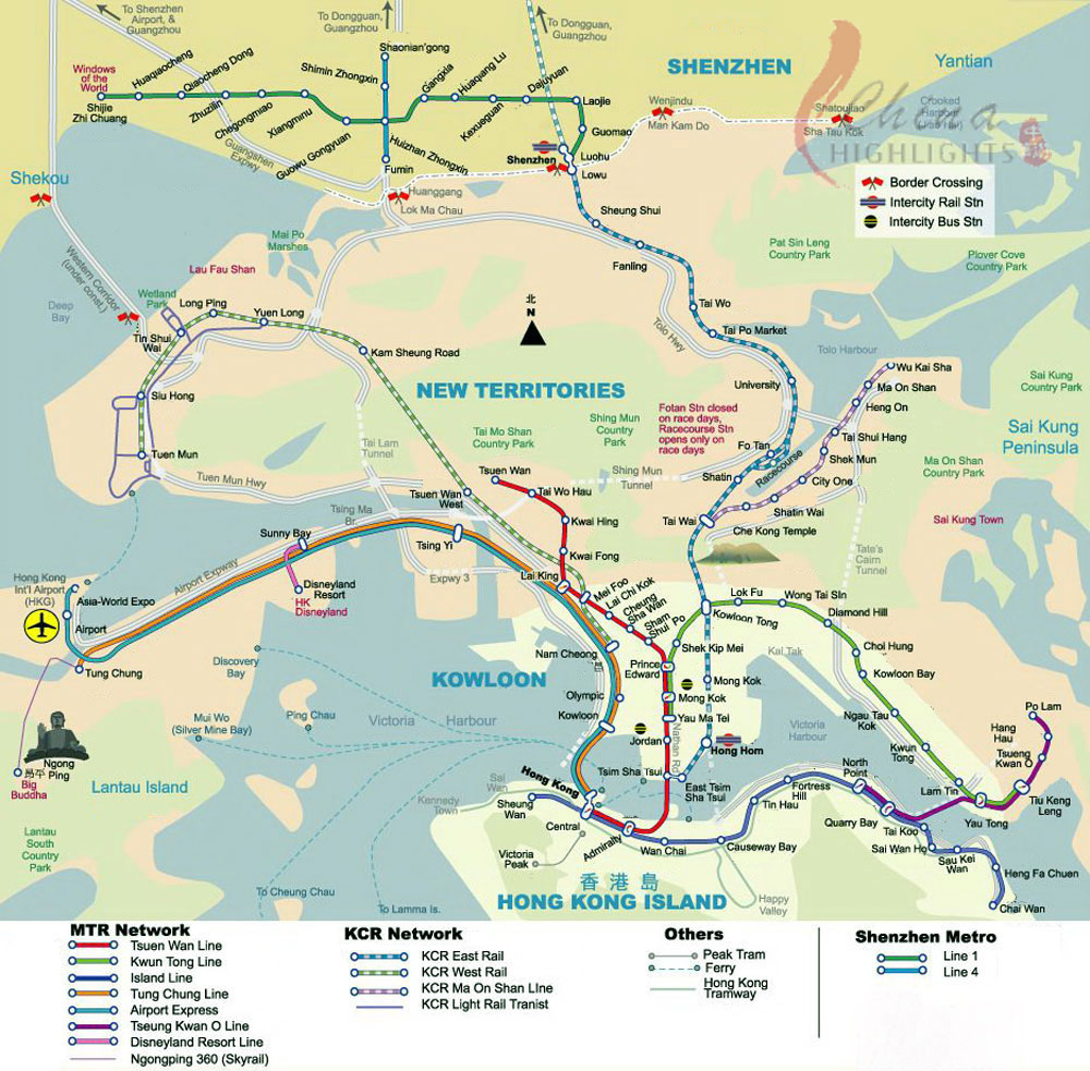 Large city transport map of Hong Kong. Hong Kong large city transport