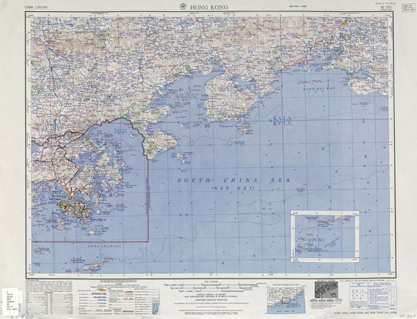 Large scale detailed topographical map of Hong Kong island and the surrounding area.