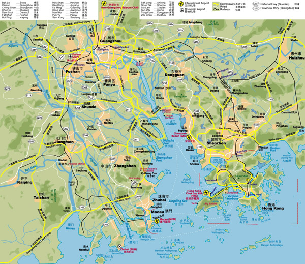 Road map of Guangzhou and Hong Kong. Hong Kong and Guangzhou road map.