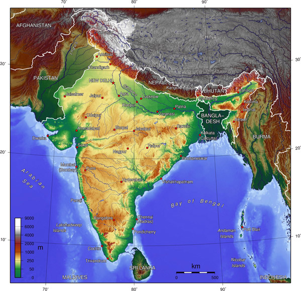 Detailed topographical map of India. India detailed topographical map.