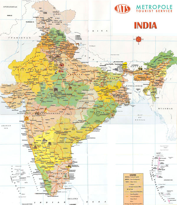 Large detailed tourist map of India.