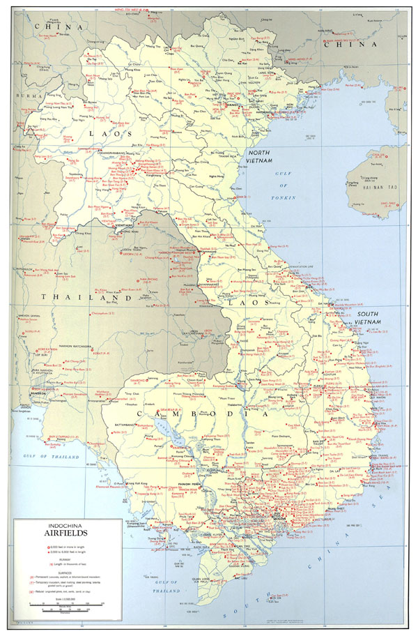 Large detailed airfields map of Indochina - 1970.