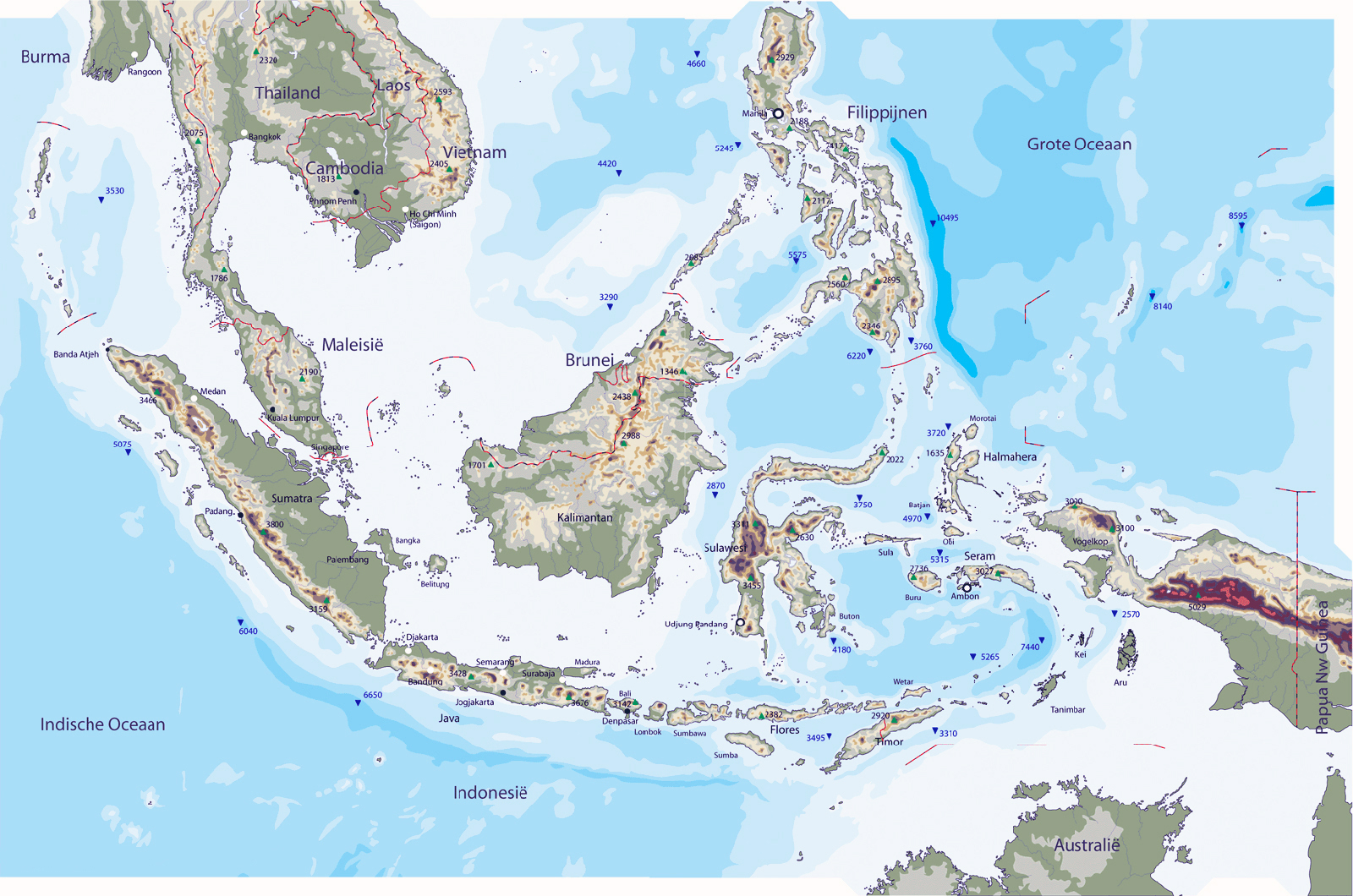 Large detailed physical map of Indonesia. Indonesia large detailed