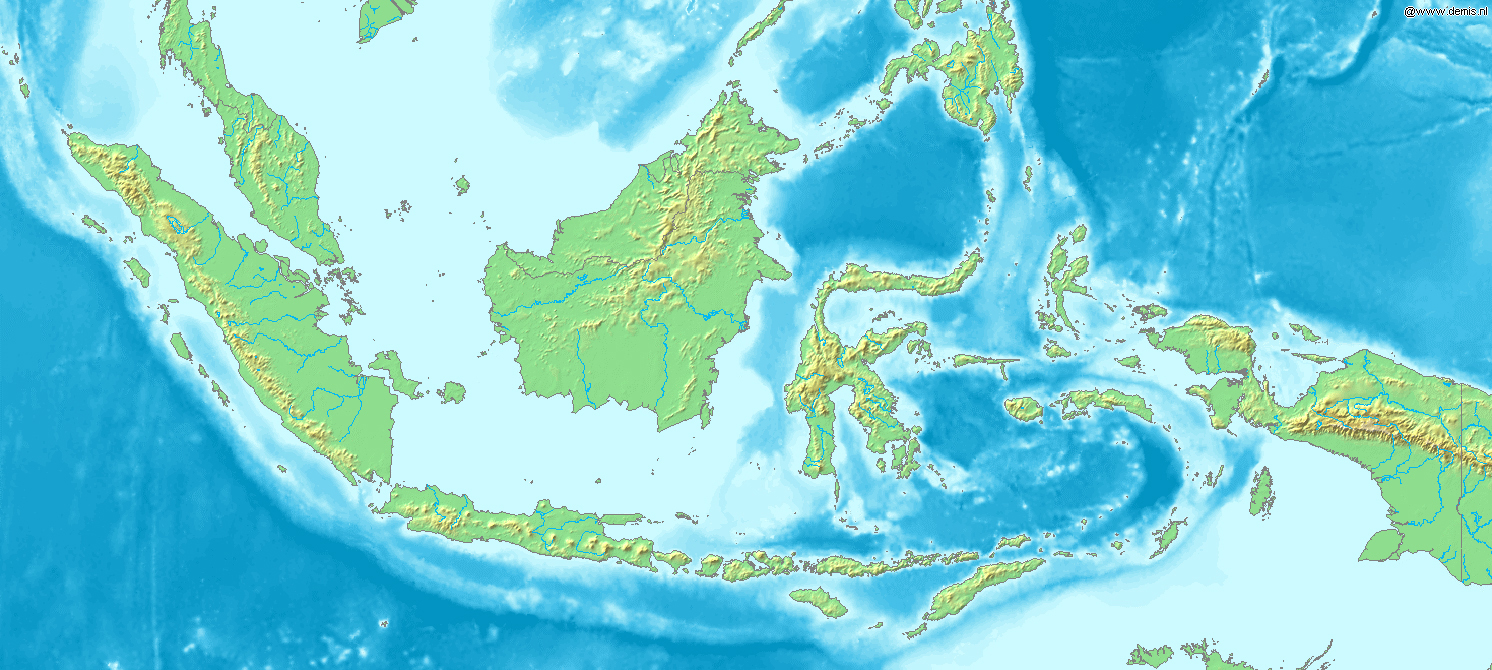 Large topographical map of Indonesia. Indonesia large topographical map
