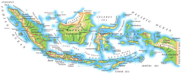 Physical map of Indonesia. Indonesia physical map.