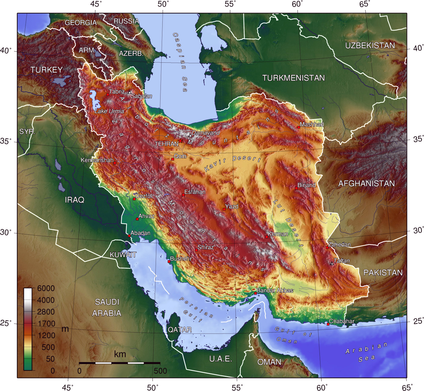 Detailed physical map of Iran and Iraq. Iran and Iraq detailed physical