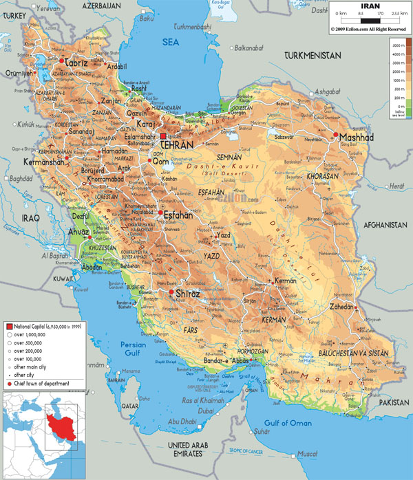 Detailed physical map of Iran with all cities, roads and airports.