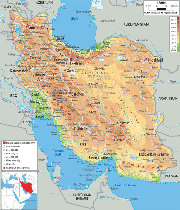 Detailed physical map of Iran with all cities, roads and airports.