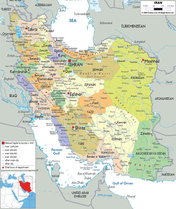 Detailed political and administrative map of Iran with all cities, roads and airports.