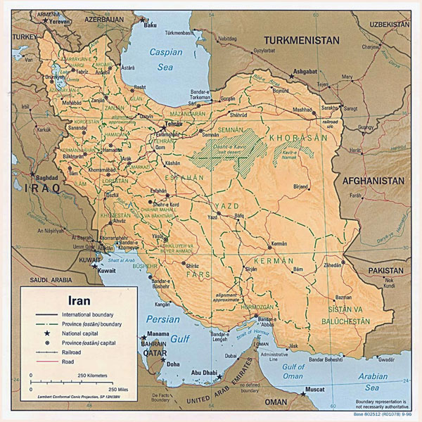 Detailed political map of Iran with relief, major cities and roads - 1996.