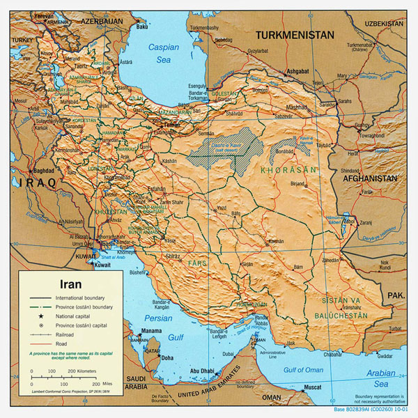 Detailed political map of Iran with relief, major cities and roads - 2001.