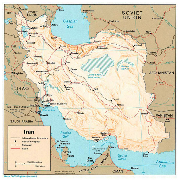 Detailed relief and political map of Iran with major cities and roads - 1982.