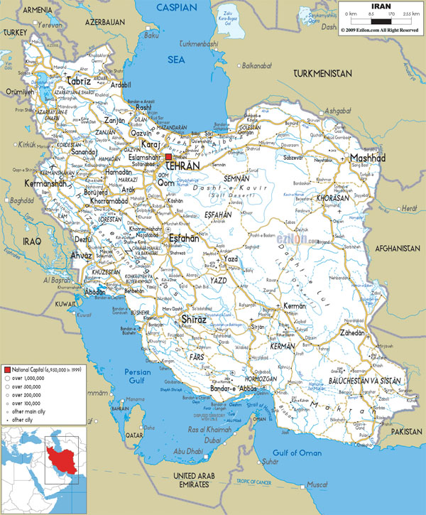 Detailed road map of Iran with all cities and airports.