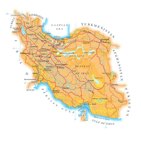 Elevation map of Iran with roads, cities and airports.