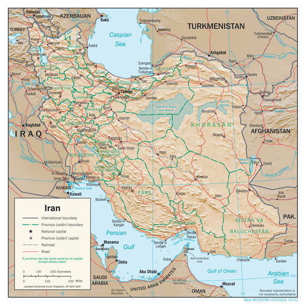 Large detailed physiography map of Iran with major cities, roads and administrative divisions - 2001.