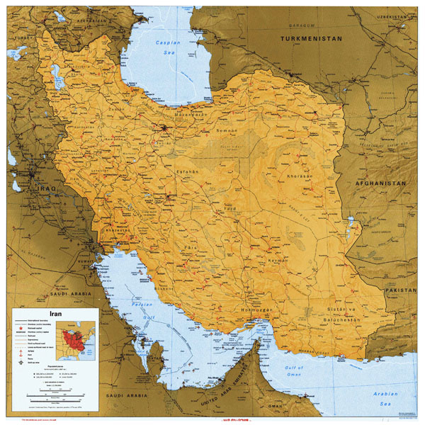 Large detailed political map of Iran with all roads, cities and airports.