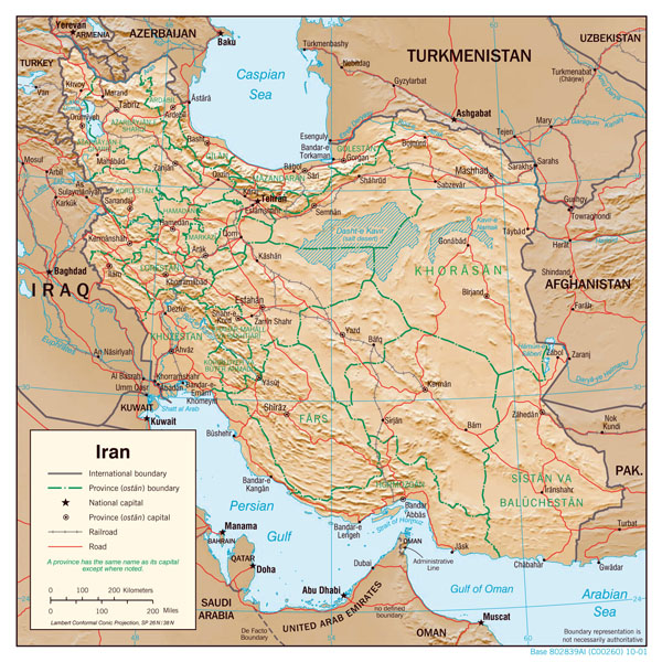 Large detailed political map of Iran with relief, major cities and roads - 2001.