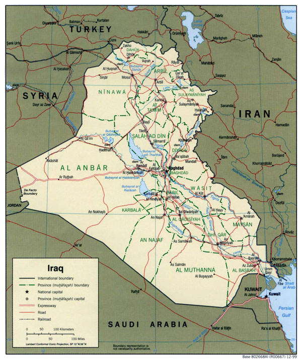 Detailed political and administrative map of Iraq with roads and cities. Iraq detailed political and administrative map with roads and cities. Detailed political and administrative map of Iraq with roads and cities.
