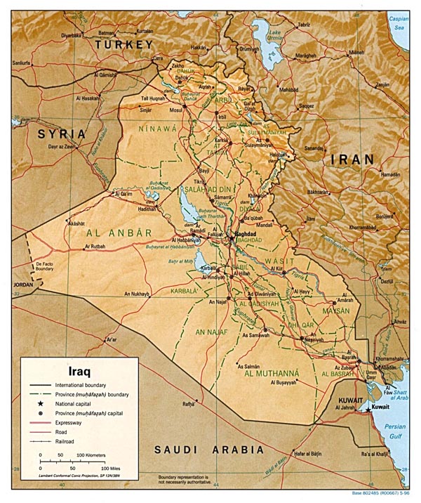 Detailed relief and administrative map of Iraq.