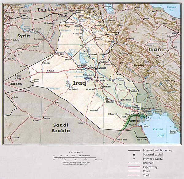 Detailed road and political map of Iraq.