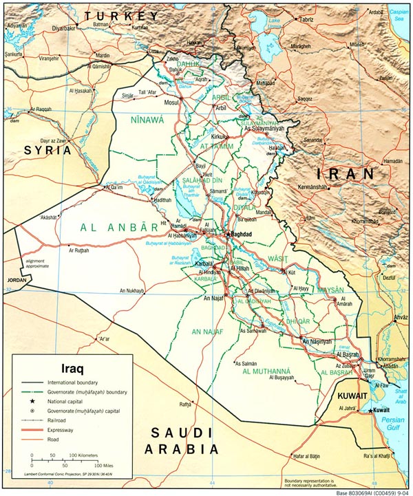 Detailed road and relief map of Iraq.