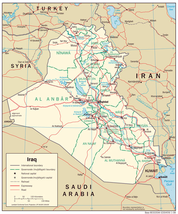 Large detailed road and administrative map of Iraq.