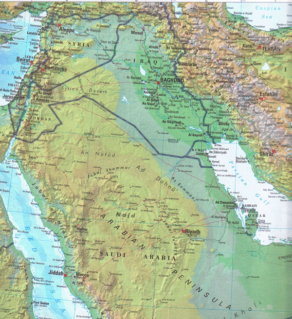 Large detailed topographical and political map of Iraq.