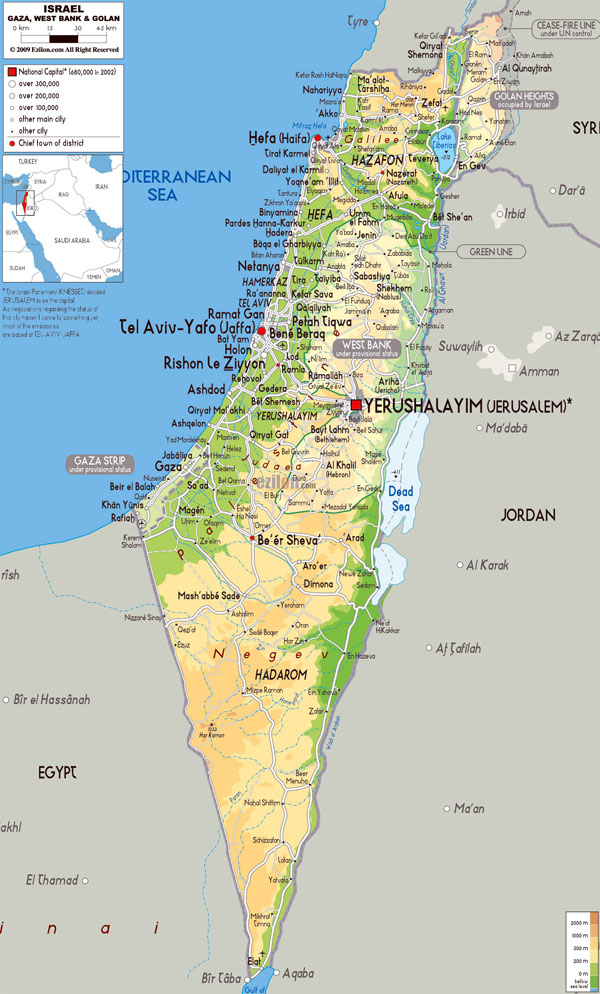 Detailed physical map of Israel with all roads, cities and airports.