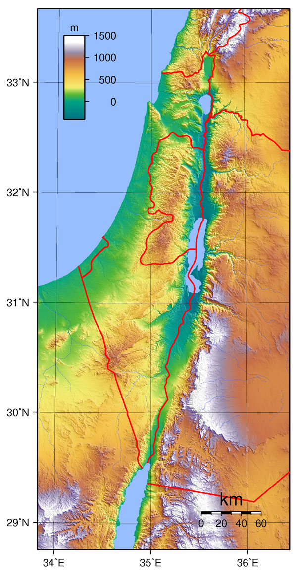 Large detailed topographical map of Israel.