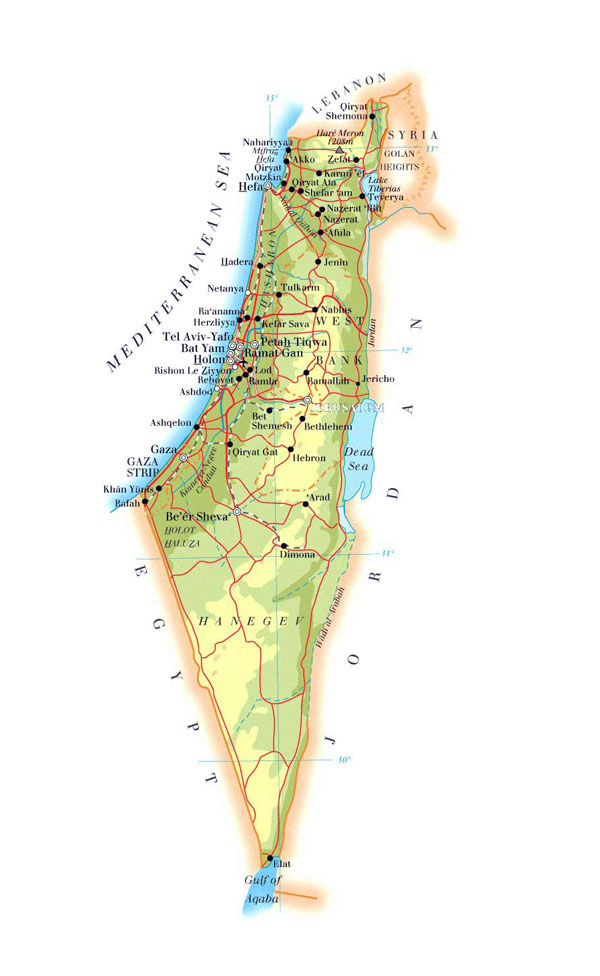 Road and physical map of Israel. Israel road and physical map.