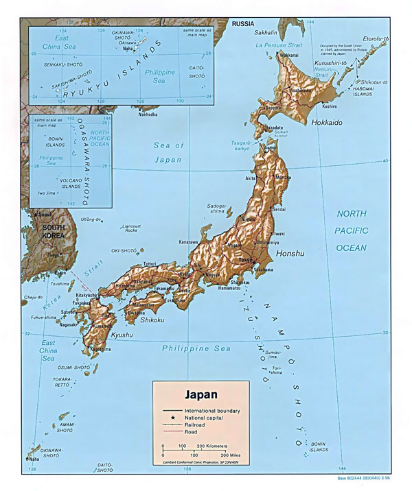 Large detailed relief and political map of Japan.