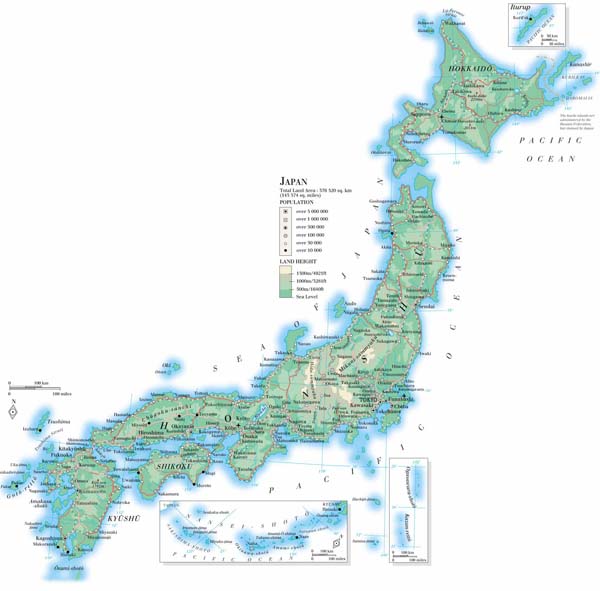 Large detailed road and topographical map of Japan.