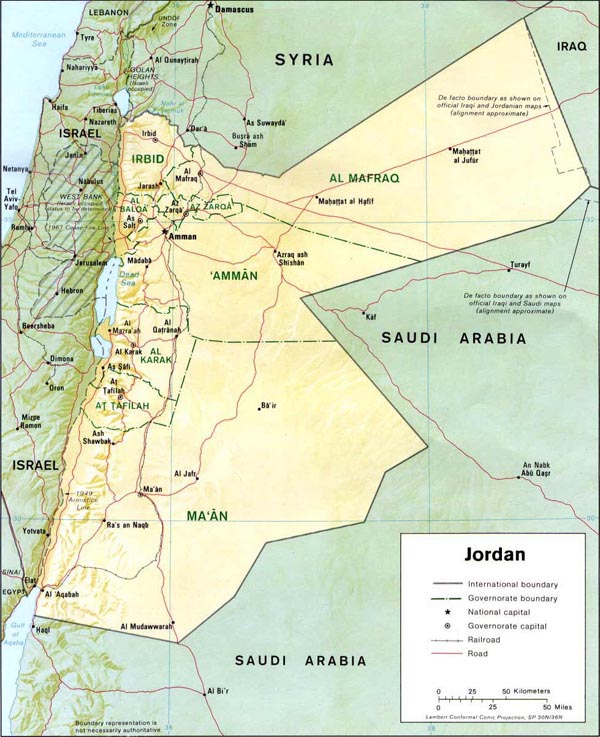 Detailed relief and political map of Jordan.