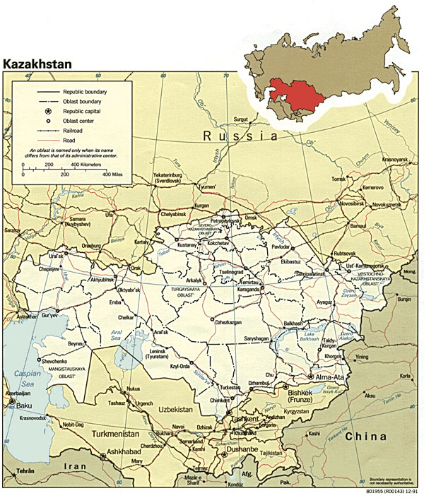 Administrative and road map of Kazakhstan.