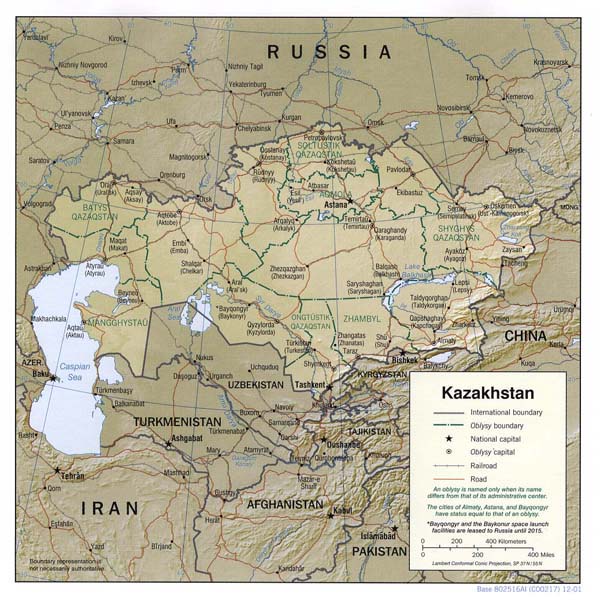 Detailed relief and administrative map of Kazakhstan.