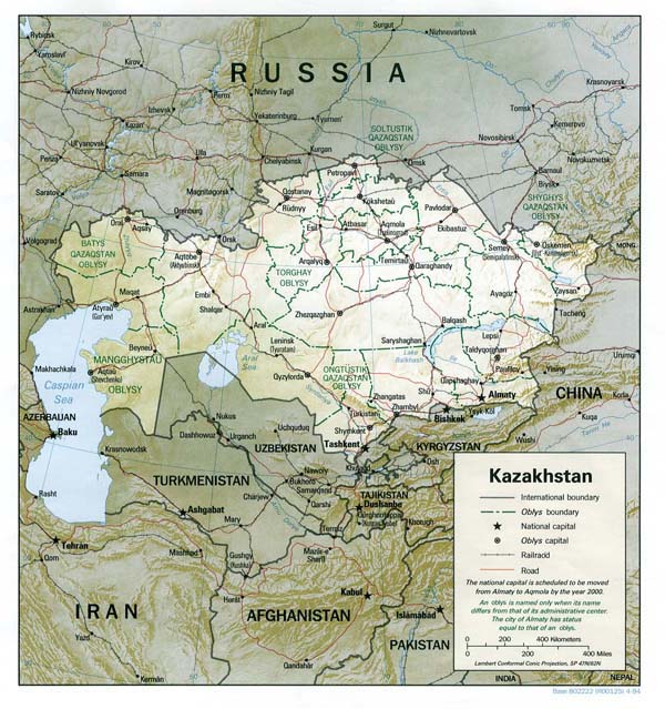 Detailed road and political map of Kazakhstan.