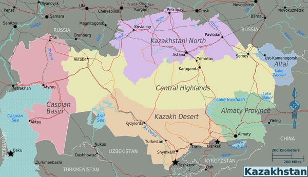 Large detailed road and administrative map of Kazakhstan regions.