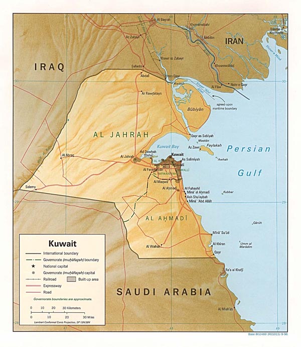 Detailed relief and political map of Kuwait.