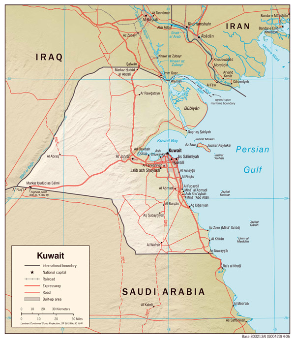 Large detailed political map of Kuwait with relief, roads and cities.