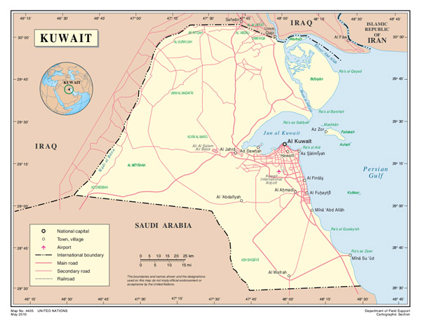 Large detailed political map of Kuwait with roads, airports and cities