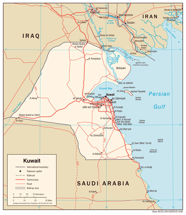 Large detailed political map of Kuwait with roads and cities.