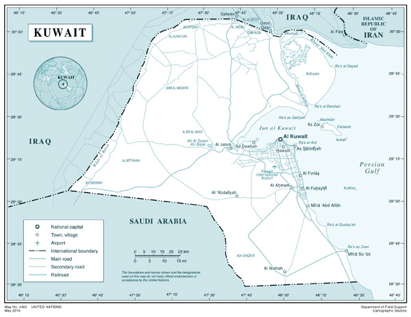 Large political map of Kuwait with roads, airports and cities.