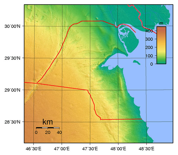 Large topographical map of Kuwait. Kuwait large topographical map.