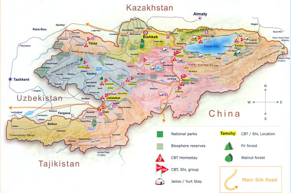 Large detailed tourist map of Kyrgyzstan.