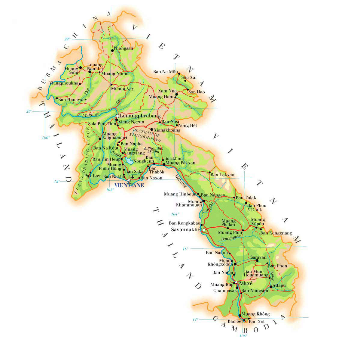 Detailed Physical Map Of Laos 