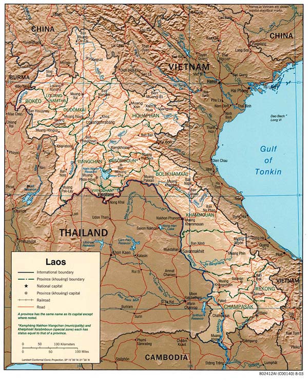 Detailed relief and political map of Laos.