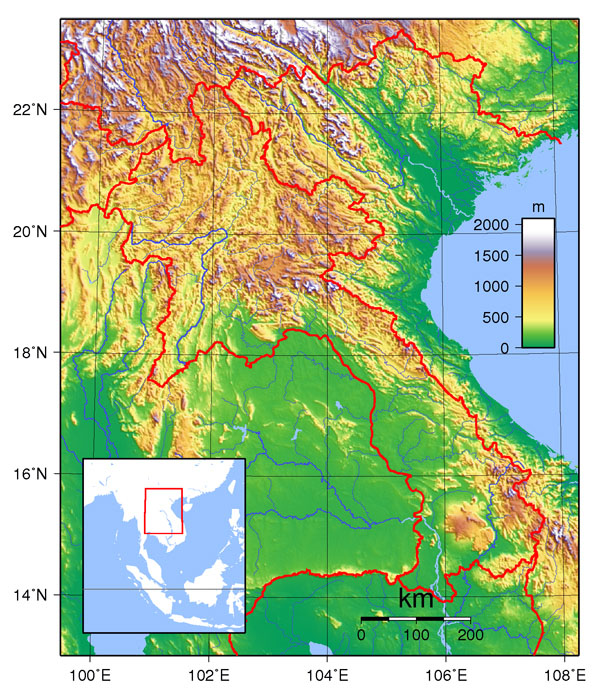 Detailed topographical map of Laos. Laos detailed topographical map.