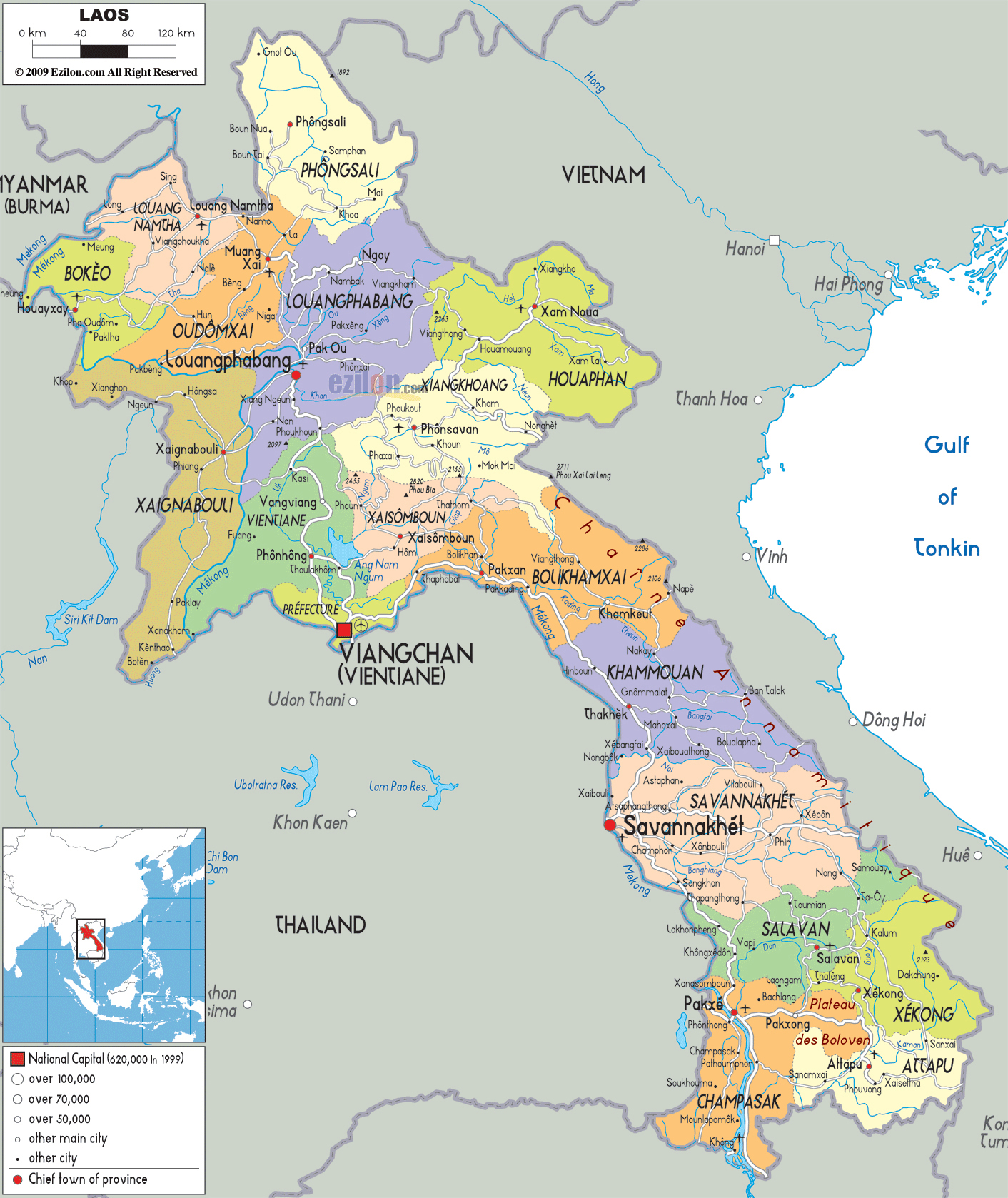 Large full road and administrative map of Laos. Laos large full road