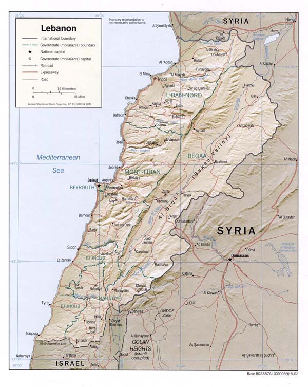 Detailed relief and political map of Lebanon.