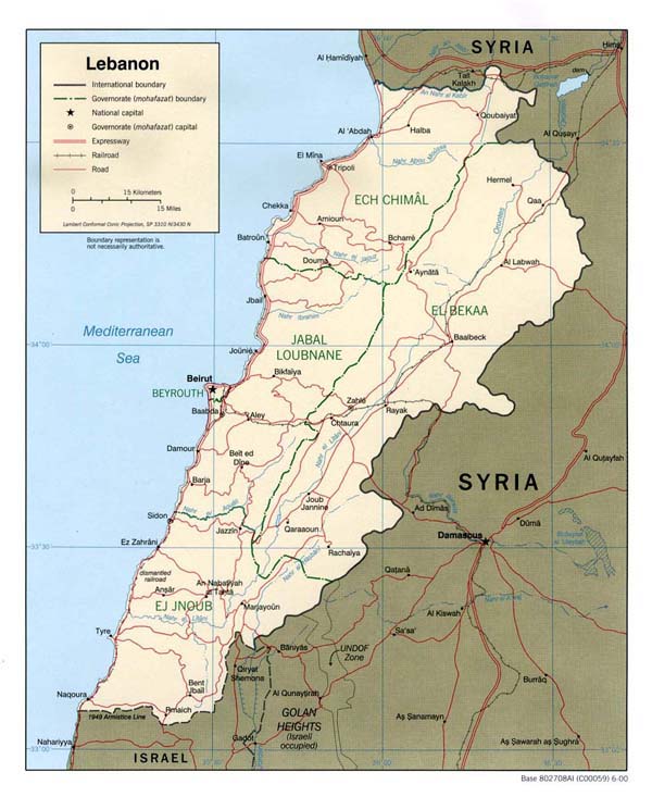 Detailed road and political map of Lebanon.